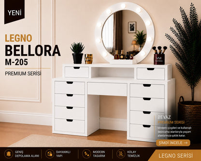 LEGNO BELLORA PREMIUM YUVARLAK AYNALI MAKYAJ MASASI