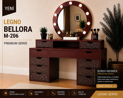 LEGNO BELLORA PREMIUM YUVARLAK AYNALI BORDO MERMER DESENLİ MAKYAJ MASASI