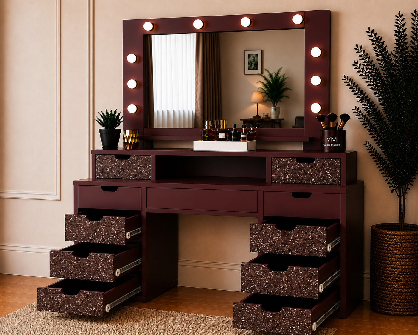 LEGNO BELLORA PREMIUM AYNALI BORDO MERMER DESENLİ MAKYAJ MASASI