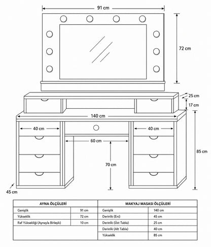LEGNO BELLORA PREMIUM AYNALI BORDO MERMER DESENLİ MAKYAJ MASASI