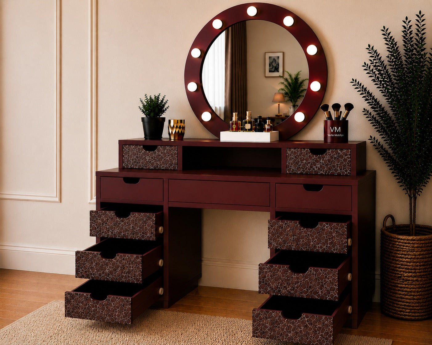 LEGNO BELLORA PREMIUM YUVARLAK AYNALI BORDO MERMER DESENLİ MAKYAJ MASASI