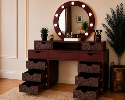 LEGNO BELLORA PREMIUM YUVARLAK AYNALI BORDO MERMER DESENLİ MAKYAJ MASASI