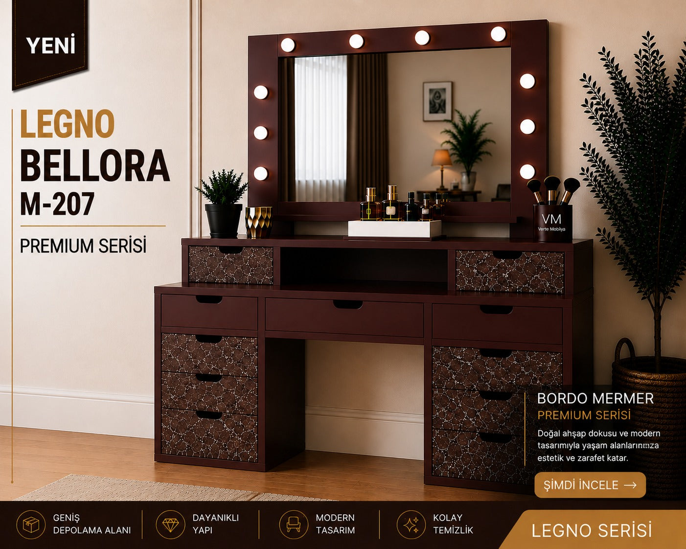 LEGNO BELLORA PREMIUM AYNALI BORDO MERMER DESENLİ MAKYAJ MASASI