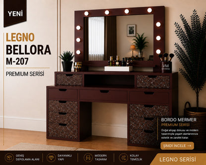 LEGNO BELLORA PREMIUM AYNALI BORDO MERMER DESENLİ MAKYAJ MASASI