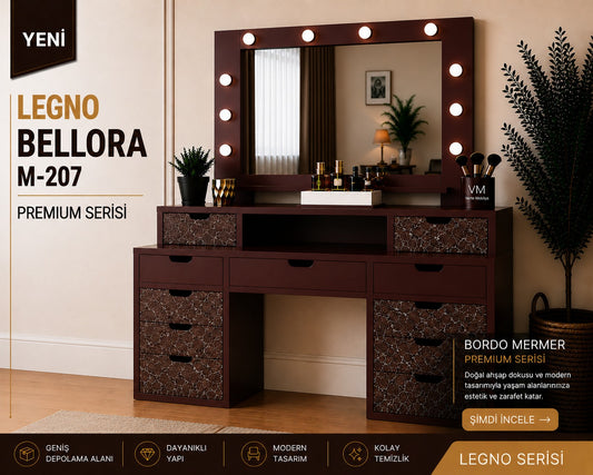 LEGNO BELLORA PREMIUM AYNALI BORDO MERMER DESENLİ MAKYAJ MASASI