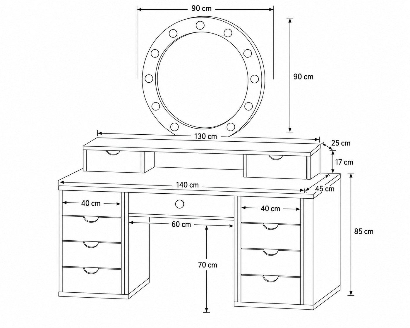 LEGNO BELLORA PREMIUM YUVARLAK AYNALI BORDO MERMER DESENLİ MAKYAJ MASASI