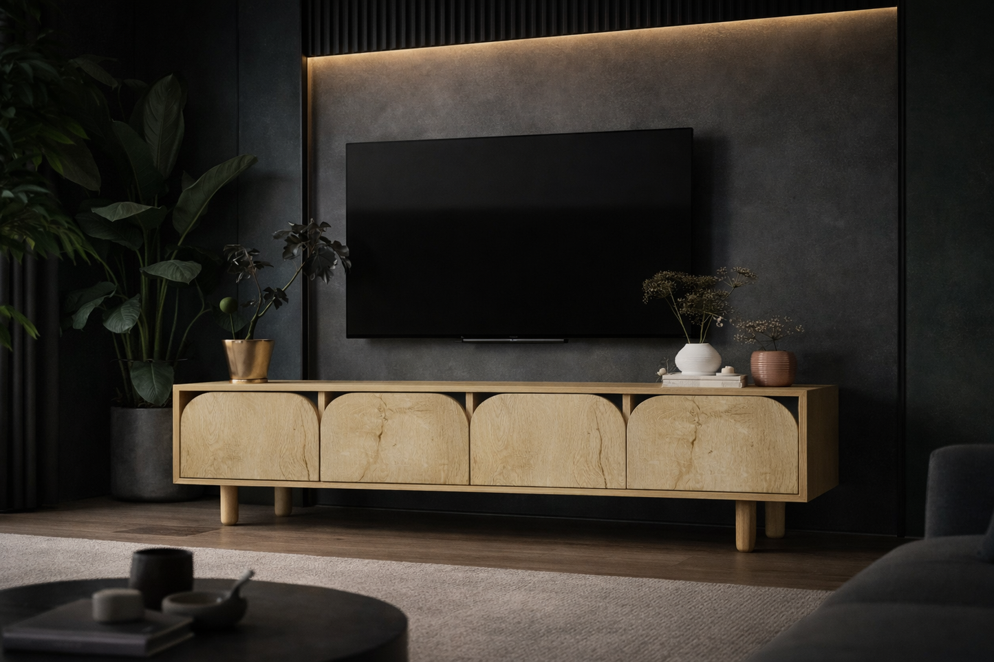 T-403 Lazio Bohem Ahşap Ayaklı Tv Ünitesi Tv Sehpası Safir Meşe