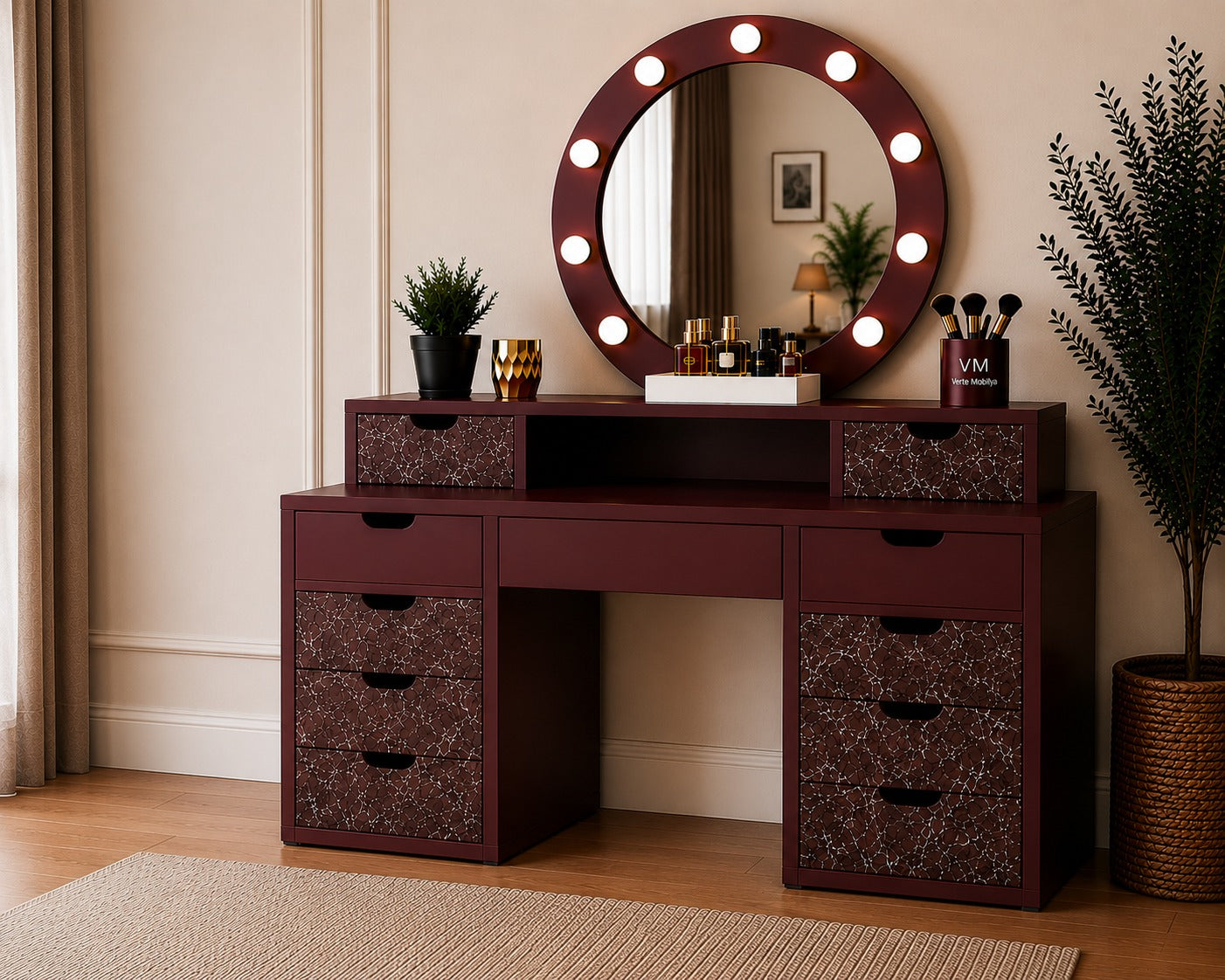 LEGNO BELLORA PREMIUM YUVARLAK AYNALI BORDO MERMER DESENLİ MAKYAJ MASASI