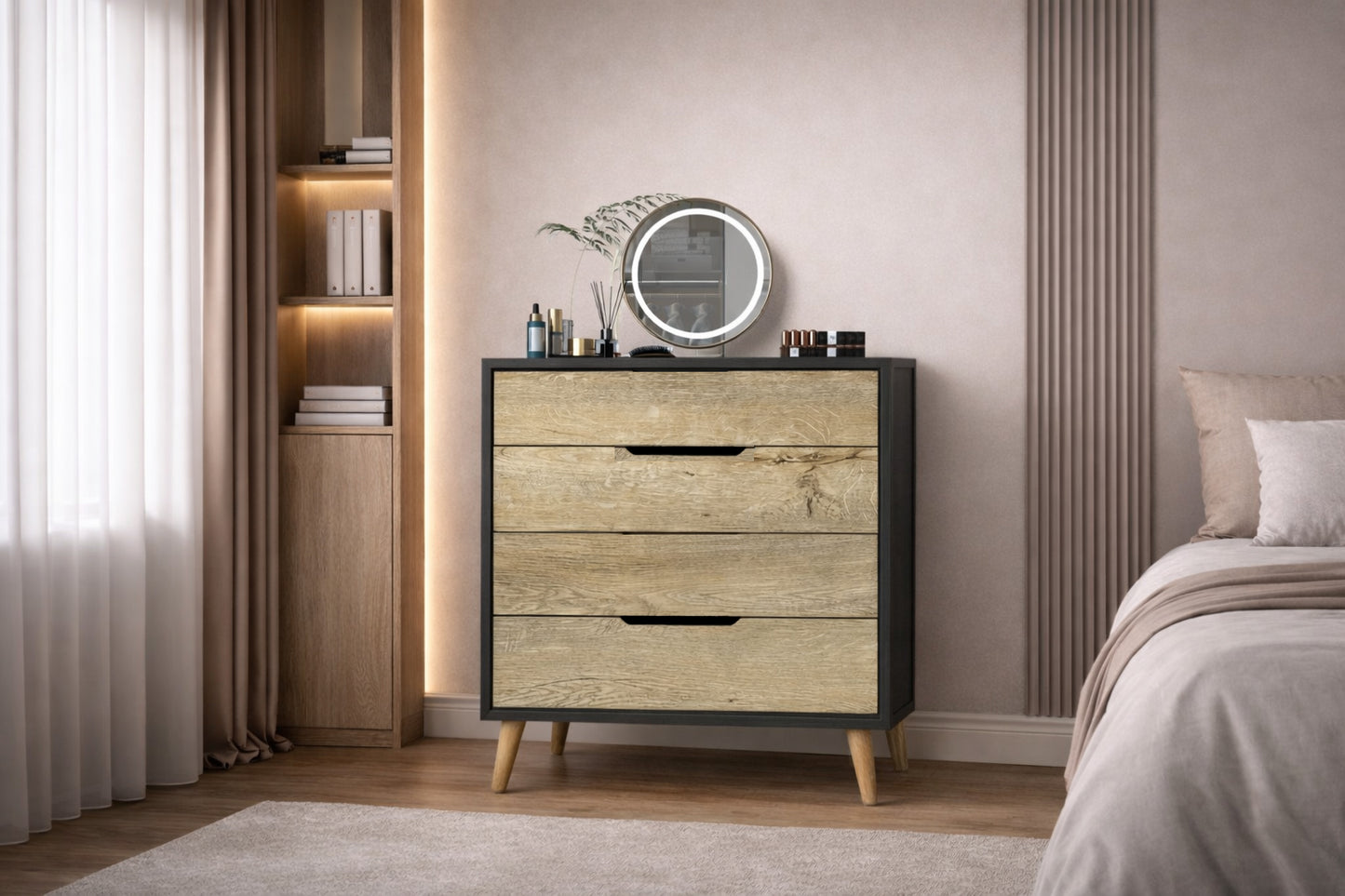 Flora Şifonyer 4 Çekmeceli Yatak Odası Bebek Odası Antrasit-Safir Meşe