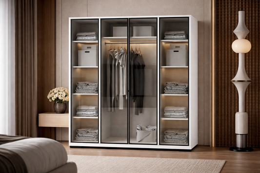 Floransa Alüminyum Cam Kapak 4 Kapılı Beyaz-Antrasit Çok Raflı Gardırop