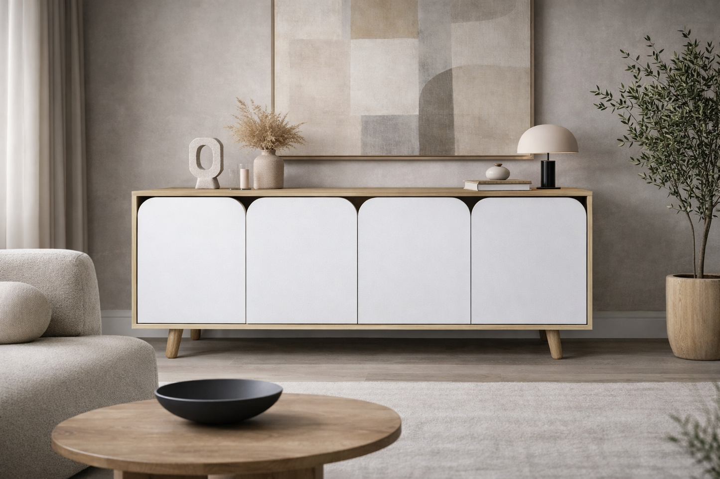 K-801 Lazio Bohem Ahşap Ayaklı Modern Konsol 180 Cm Safir Meşe-Beyaz