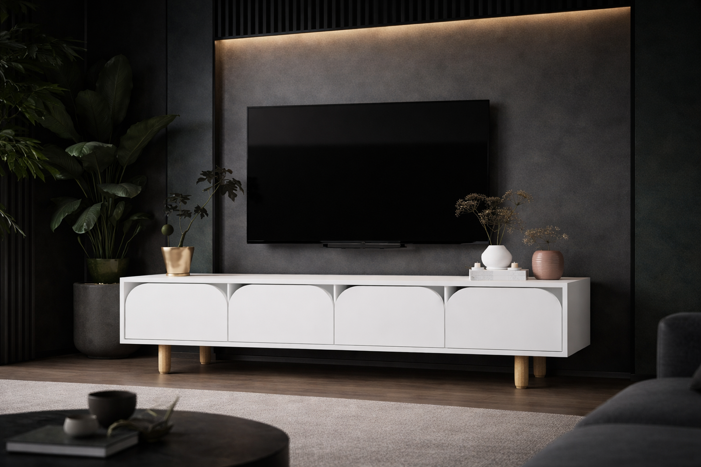 T-404 Lazio Bohem Ahşap Ayaklı Modern Tv Ünitesi 180 Cm Beyaz