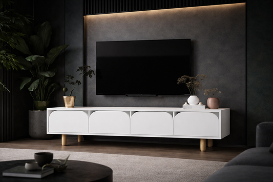 Lazio Bohem Ahşap Ayaklı Modern Tv Ünitesi 180 Cm Beyaz (T-404)