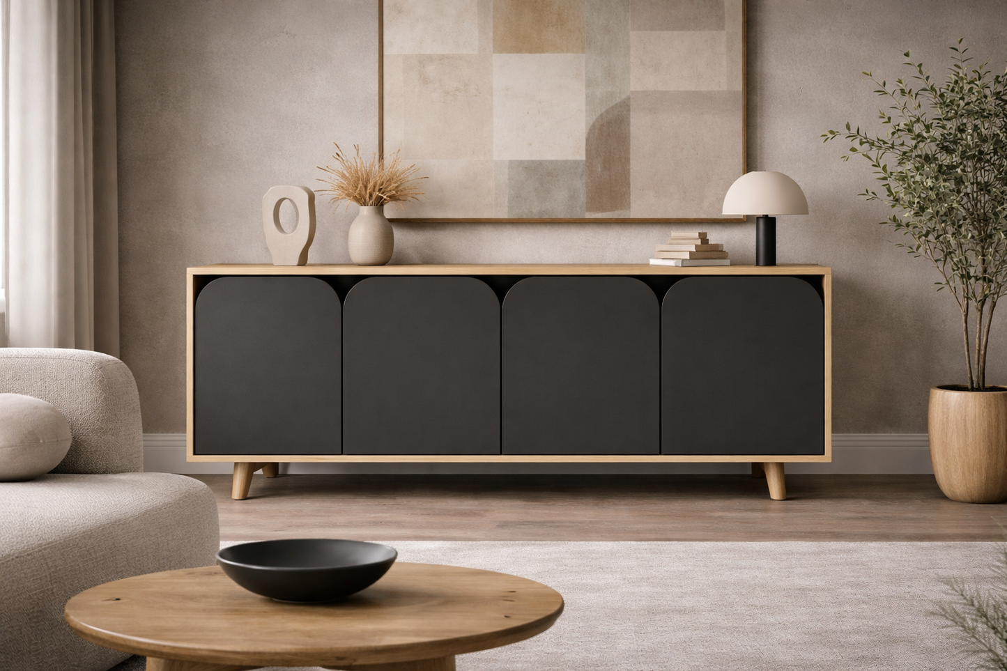 K-802 Lazio Bohem Ahşap Ayaklı Modern Konsol 180 Cm Safir Meşe-Antrasit