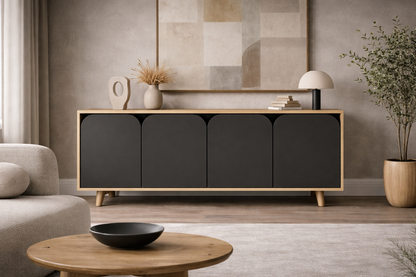 K-802 Lazio Bohem Ahşap Ayaklı Modern Konsol 180 Cm Safir Meşe-Antrasit