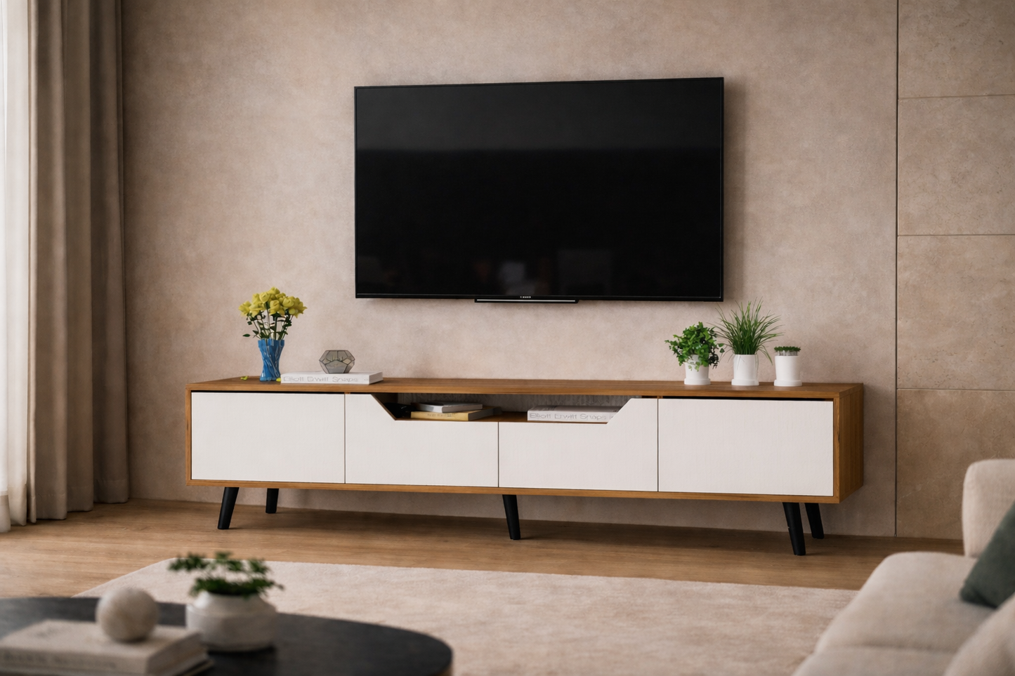 T-306 Roma Ahşap Ayaklı Tv Ünitesi Tv Sehpası Ceviz-Beyaz