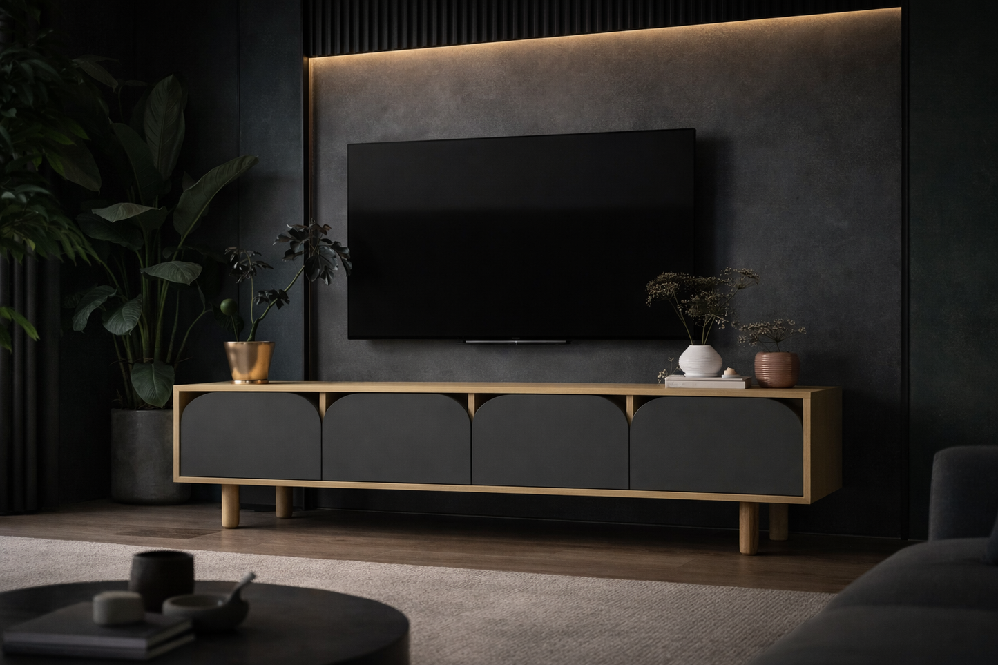 T-401 Lazio Bohem Ahşap Ayaklı Tv Ünitesi Tv Sehpası Safir Meşe-Antrasit