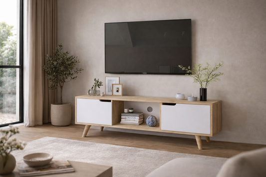 Siena Ahşap Ayaklı Tv Ünitesi Safir Meşe-beyaz Televizyon Konsolu 140 Cm Ekonomik Modül Sehpa