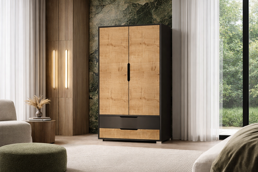 Flora 2 Kapaklı 2 Çekmeceli Gardırop Antrasit - Safir Meşe Elbise Dolabı