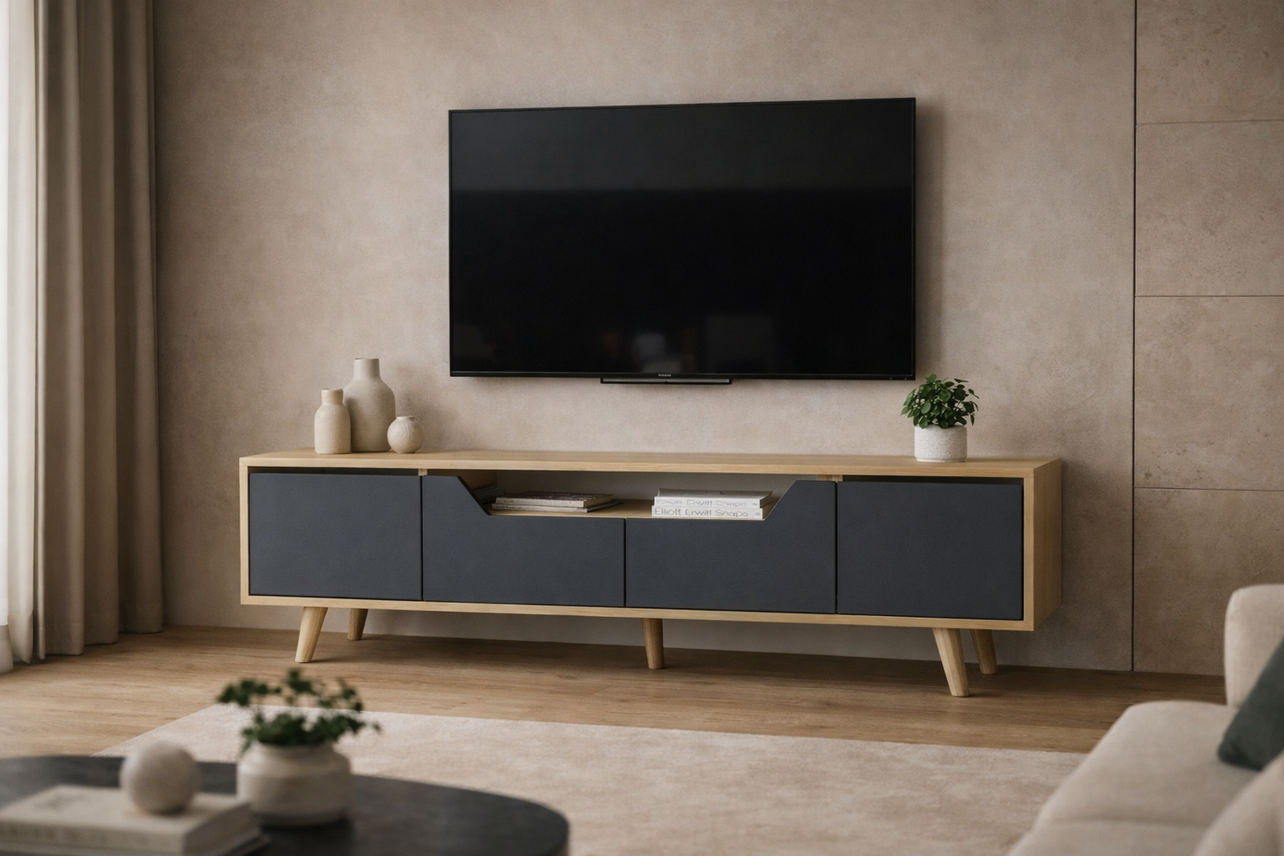 Roma Ahşap Ayaklı Tv Ünitesi Tv Sehpası Safir Meşe - Antrasit