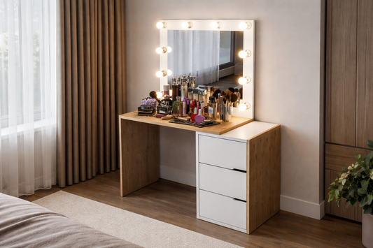 Modena Hollywood Işıklı Aynalı Çekmeceli Makyaj Masası Safir Meşe-Beyaz