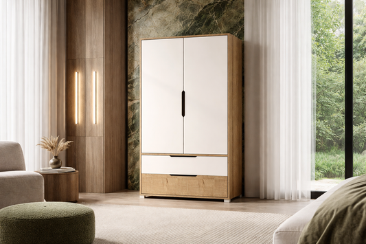 Flora 2 Kapaklı 2 Çekmeceli Gardırop Safir Meşe - Beyaz Elbise Dolabı