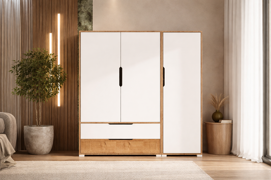 Flora 3 Kapaklı 2 Çekmeceli Gardırop Safir Meşe - Beyaz Elbise Dolabı