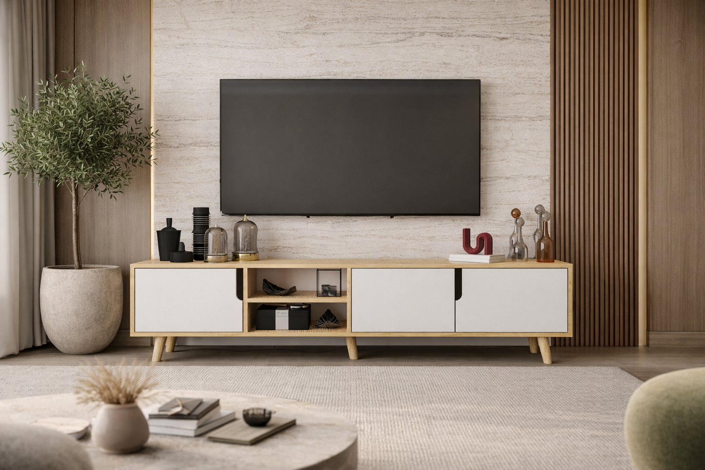 Latina Ahşap Ayaklı Tv Ünitesi Tv Sehpası 180 Cm Safir Meşe - Beyaz (T-503)