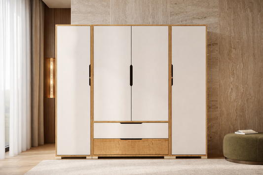 Flora 4 Kapaklı 2 Çekmeceli Gardırop Beyaz Elbise Dolabı