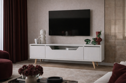 Roma Ahşap Ayaklı Tv Ünitesi Tv Sehpası Beyaz 150 Cm (T-203)