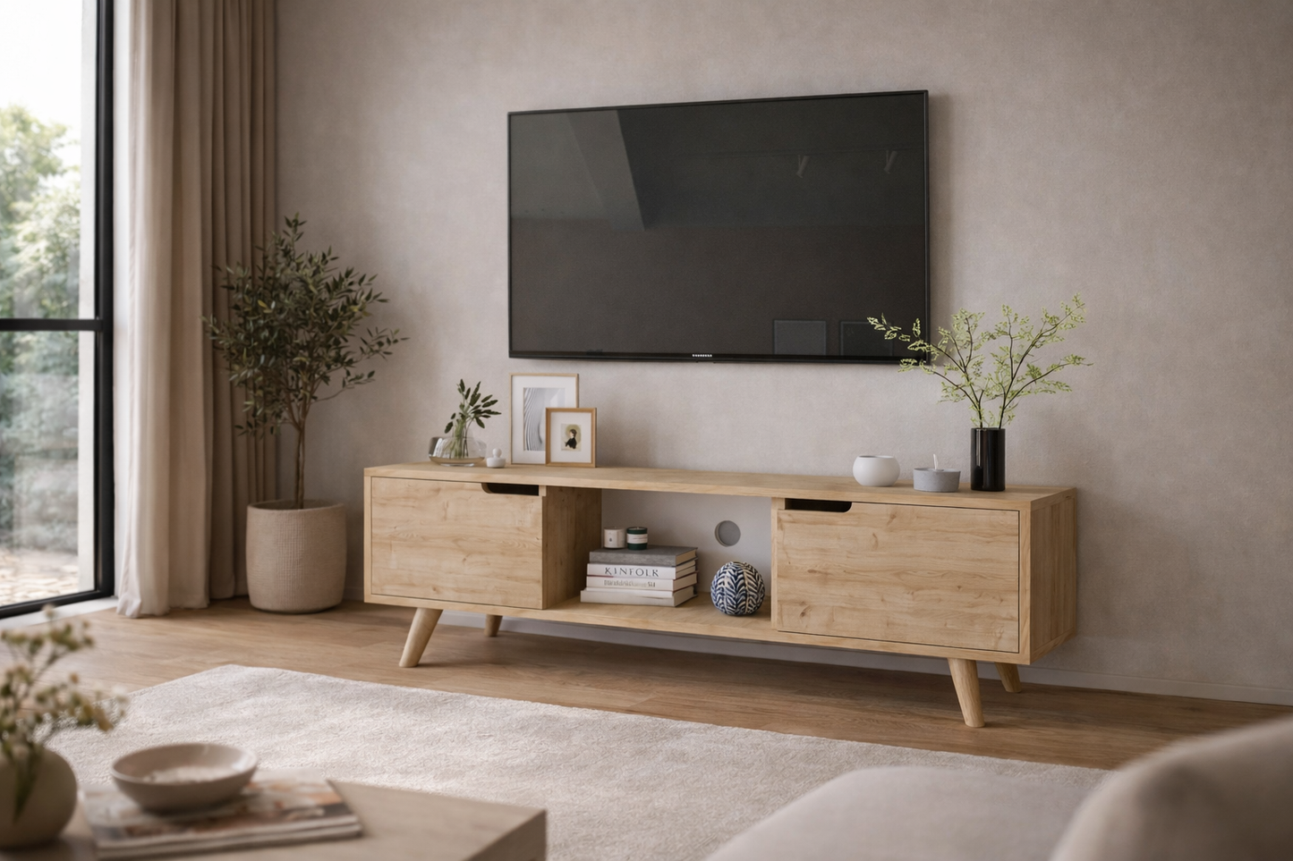 Siena Ahşap Ayaklı Tv Ünitesi Safir Meşe Televizyon Konsolu 140 Cm Ekonomik Modül Sehpa