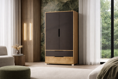 Flora 2 Kapaklı 2 Çekmeceli Gardırop Safir Meşe - Antrasit Elbise Dolabı