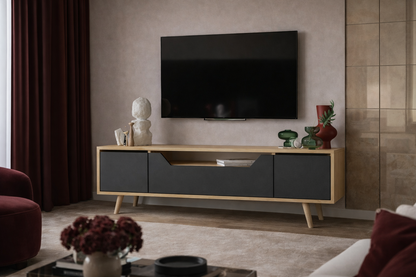 T-204 Roma Ahşap Ayaklı Tv Ünitesi Tv Sehpası Safir Meşe - Antrasit 150 Cm