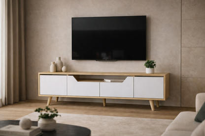 Roma Ahşap Ayaklı Tv Ünitesi Tv Sehpası Safir Meşe - Beyaz