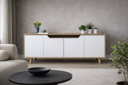 Roma Ahşap Ayaklı Modern Konsol Safir Meşe - Beyaz (K-501)