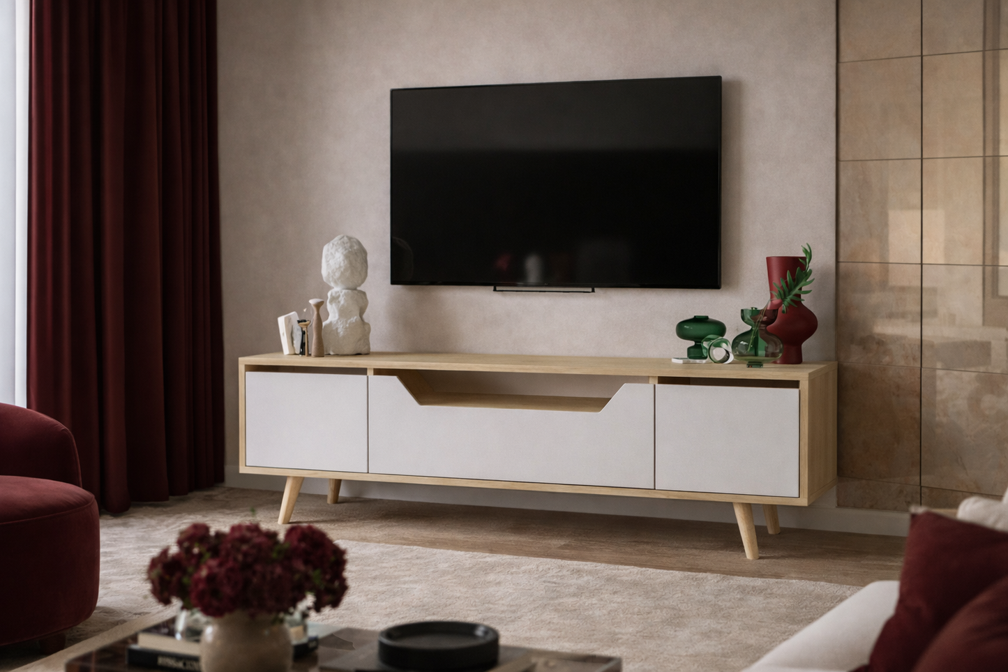 Roma Ahşap Ayaklı Tv Ünitesi Tv Sehpası Safir Meşe-Beyaz 150 Cm (T-201)
