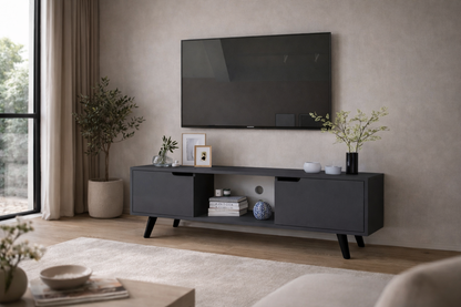 Siena Ahşap Ayaklı Tv Ünitesi Antrasit Televizyon Konsolu 140 Cm Ekonomik Modül Sehpa