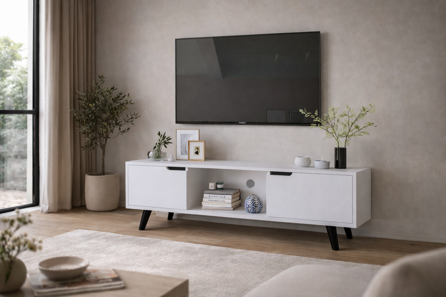 Siena Ahşap Ayaklı Tv Ünitesi Beyaz Televizyon Konsolu 140 Cm Ekonomik Modül Sehpa