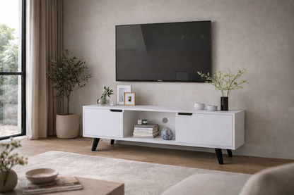 Siena Ahşap Ayaklı Tv Ünitesi Beyaz Televizyon Konsolu 140 Cm Ekonomik Modül Sehpa