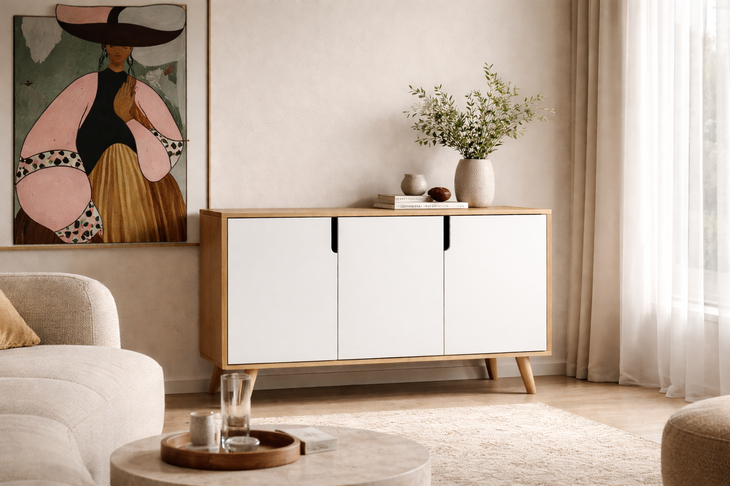 K-201 Verona 120 Cm Konsol, Kahve Köşesi, Tv Ünitesi, Çok Amaçlı Ahşap Ayaklı Konsol Safir Meşe-beyaz