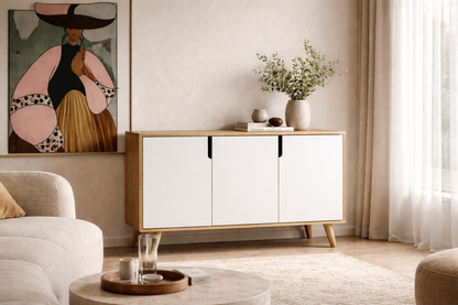 K-201 Verona 120 Cm Konsol, Kahve Köşesi, Tv Ünitesi, Çok Amaçlı Ahşap Ayaklı Konsol Safir Meşe-beyaz