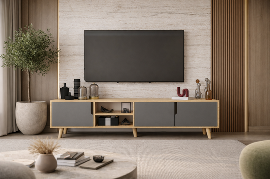 Latina Ahşap Ayaklı Tv Ünitesi Tv Sehpası 180 Cm Safir Meşe - Antrasit