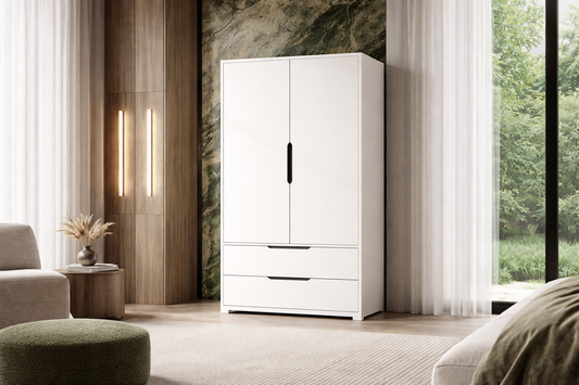 Flora 2 Kapaklı 2 Çekmeceli Gardırop Beyaz Elbise Dolabı