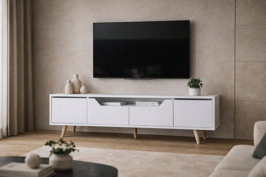 Roma Ahşap Ayaklı Tv Ünitesi Tv Sehpası Beyaz (T-303)