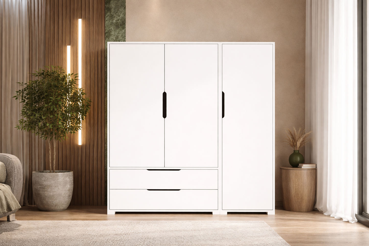 Flora 3 Kapaklı 2 Çekmeceli Gardırop Beyaz Elbise Dolabı