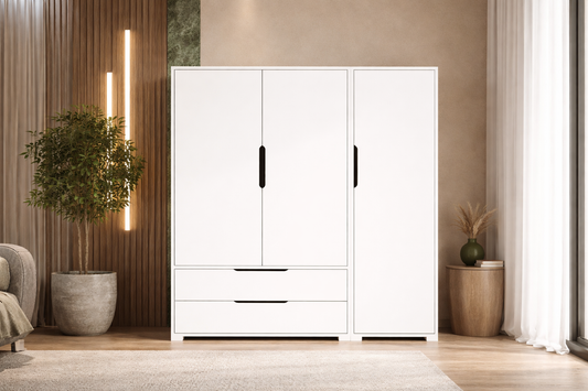 Flora 3 Kapaklı 2 Çekmeceli Gardırop Beyaz Elbise Dolabı