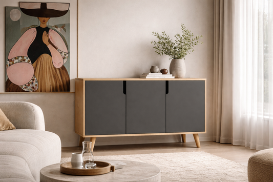 K-204 Verona 120 Cm Konsol, Kahve Köşesi, Tv Ünitesi, Çok Amaçlı Ahşap Ayaklı Konsol Safir Meşe-Antrasit