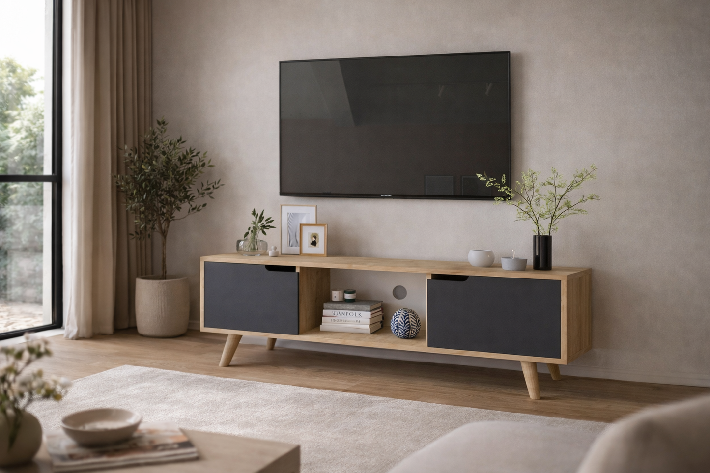 Siena Ahşap Ayaklı Tv Ünitesi Safir Meşe-antrasit Televizyon Konsolu 140 Cm Ekonomik Modül Sehpa (T-102)