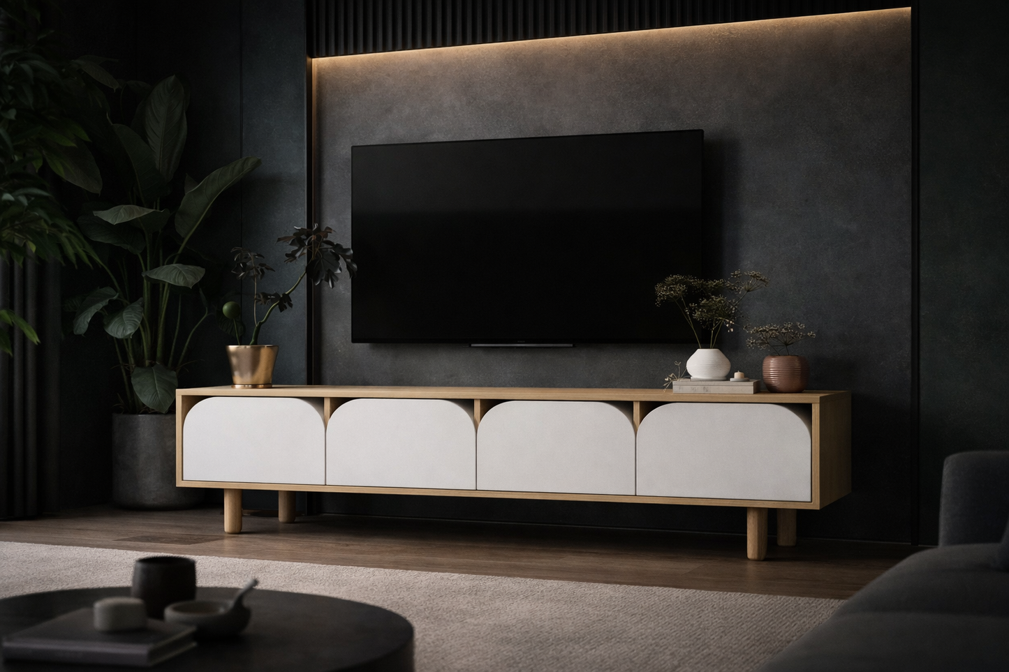 T-402 Lazio Bohem Ahşap Ayaklı Tv Ünitesi Tv Sehpası Safir Meşe-Beyaz