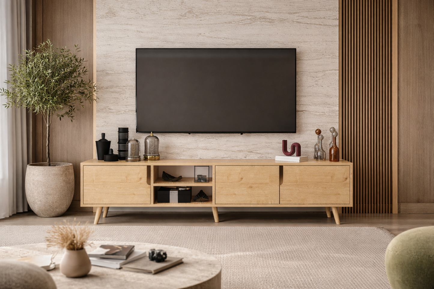 Latina Ahşap Ayaklı Tv Ünitesi Tv Sehpası 180 Cm Safir Meşe (T-502)